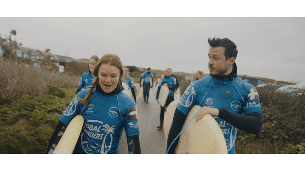 People walking with surfboards on film