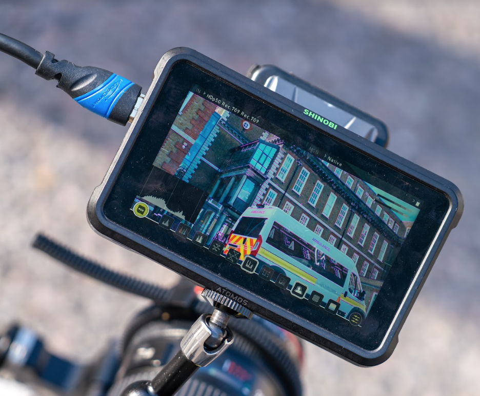 The screen view from a camera showing an ambulance